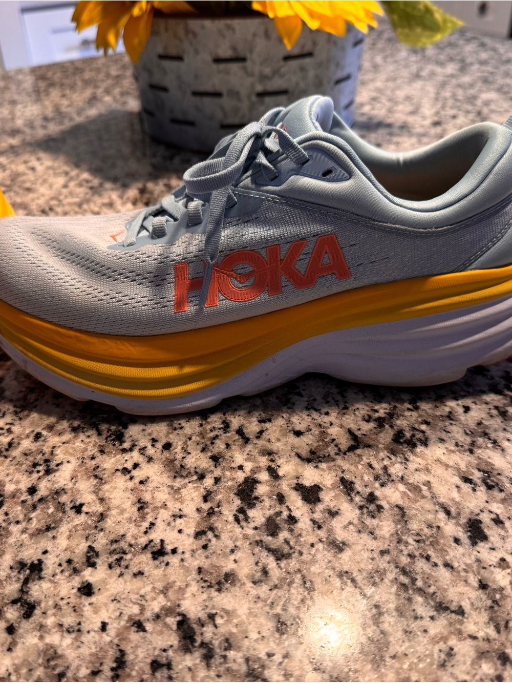 Hoka Bondi 8 Women’s Light Blue Shoe with Yellow Midsole